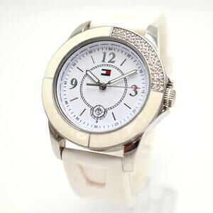 Tommy Hilfiger Womens 39mm Gem Bezel Watch White Silicone Strap w New Battery